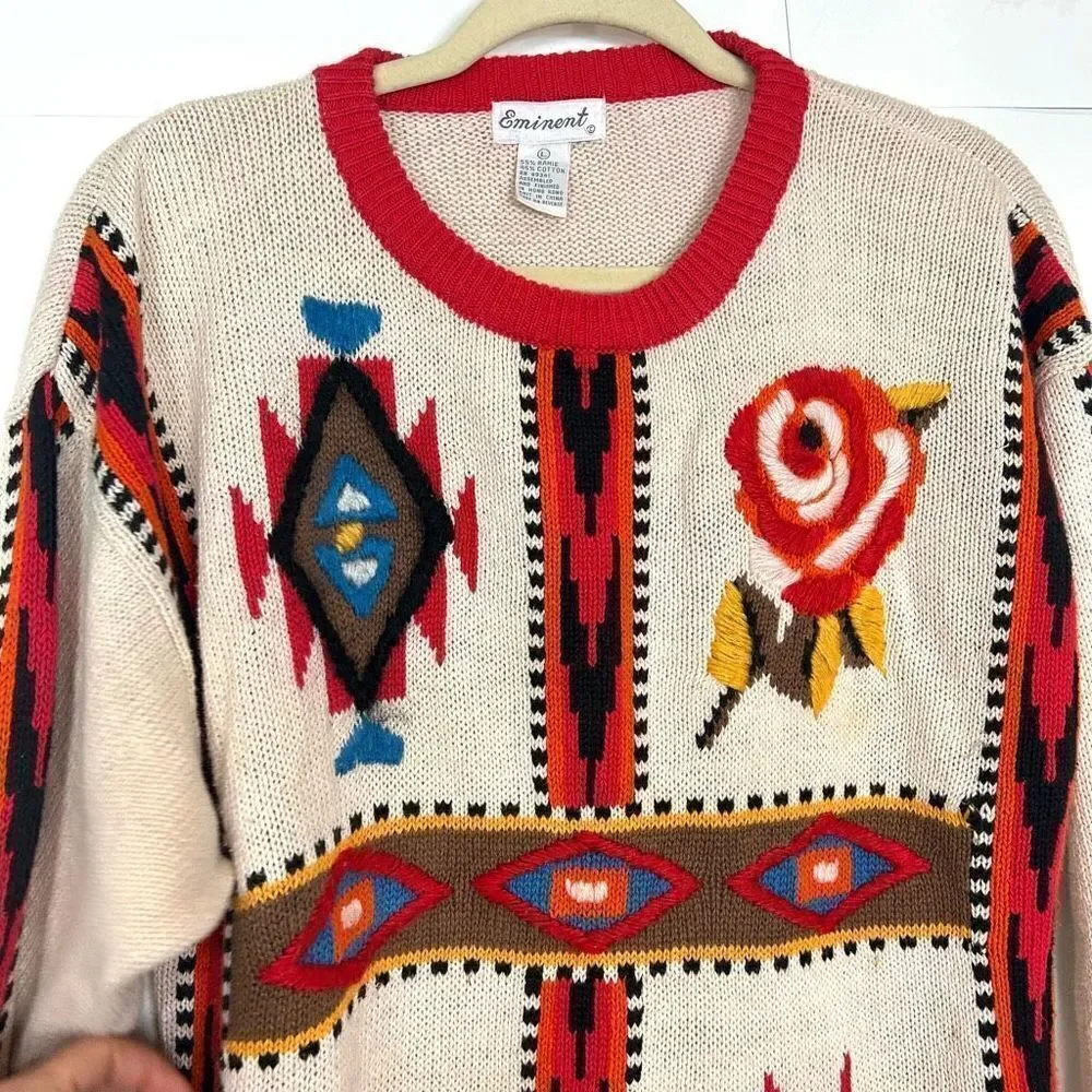 Emminent Womens Folk Art Embroidered vintage Crewneck Sweater Southwesterb Large